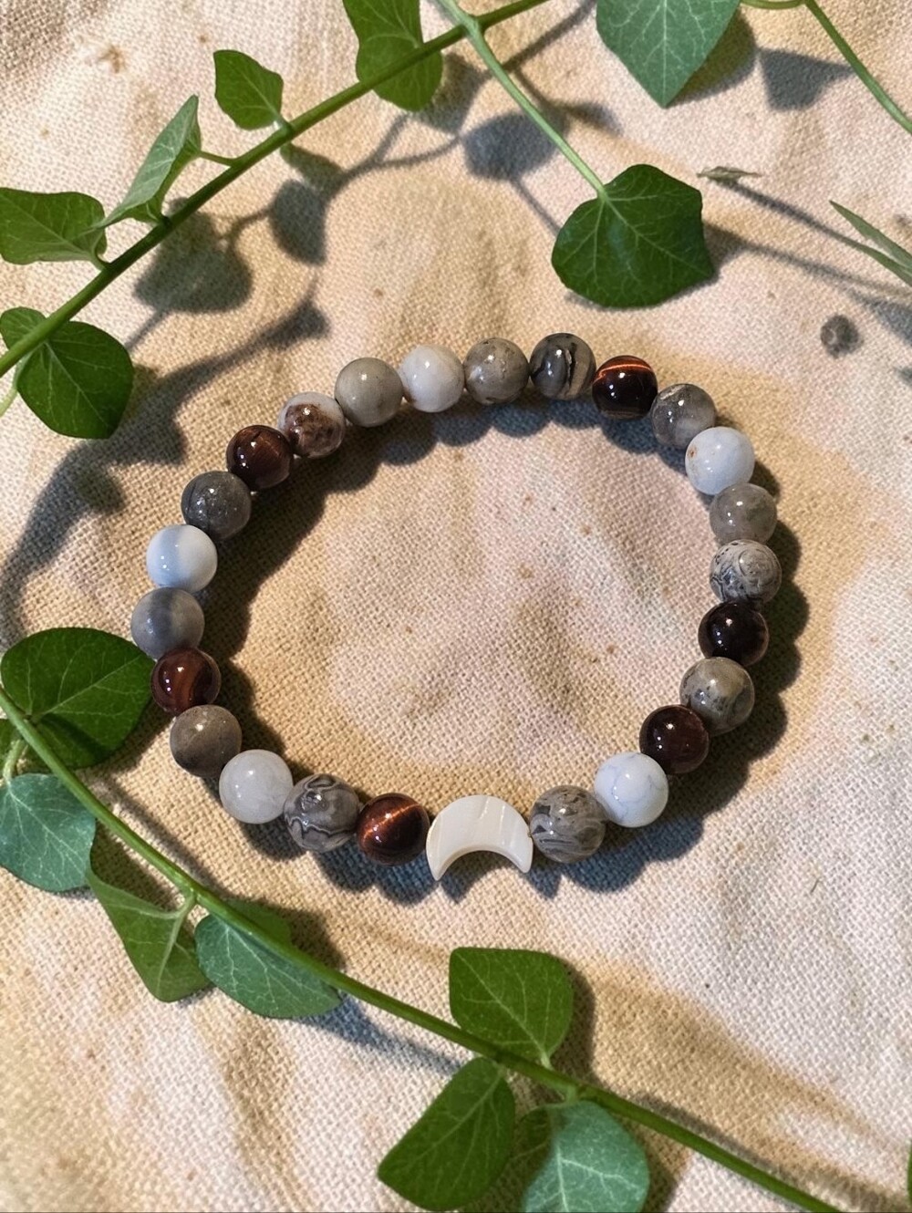 Earth Tone Grounding Bead Bracelet with White Crescent Accent
